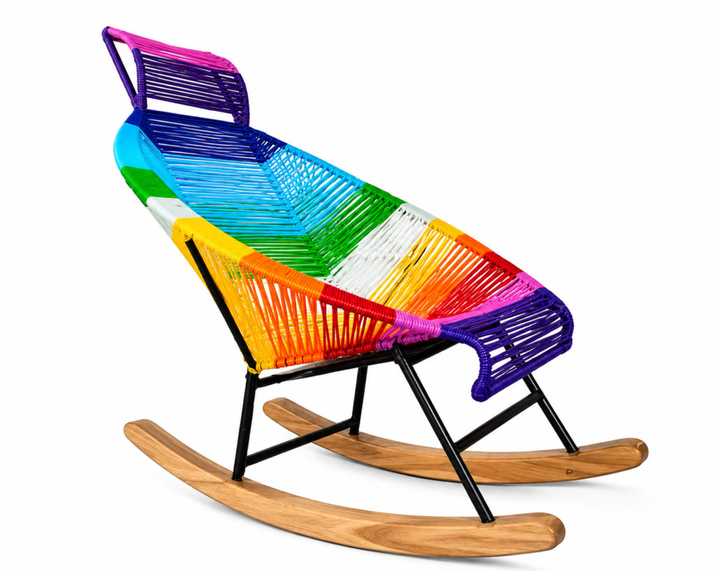 Silla Mecedora Tejida Multicolor con Respaldo Alto Con bases Metálicas y Recubrimiento en Pvc conocida popularmente como mecedora tipo cachama