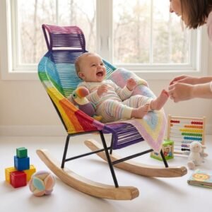 Silla Mecedora Infantil Tejida Multicolor para Niños y Bebés - Mecedora Arcoíris Artesanal en PVC con Balanzas de Madera